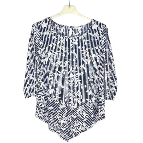 NWT Cato L Blue Tunic Blouse 3/4 Sleeve Floral Vertical Stripe Asymmetrical Hem - Picture 12 of 12